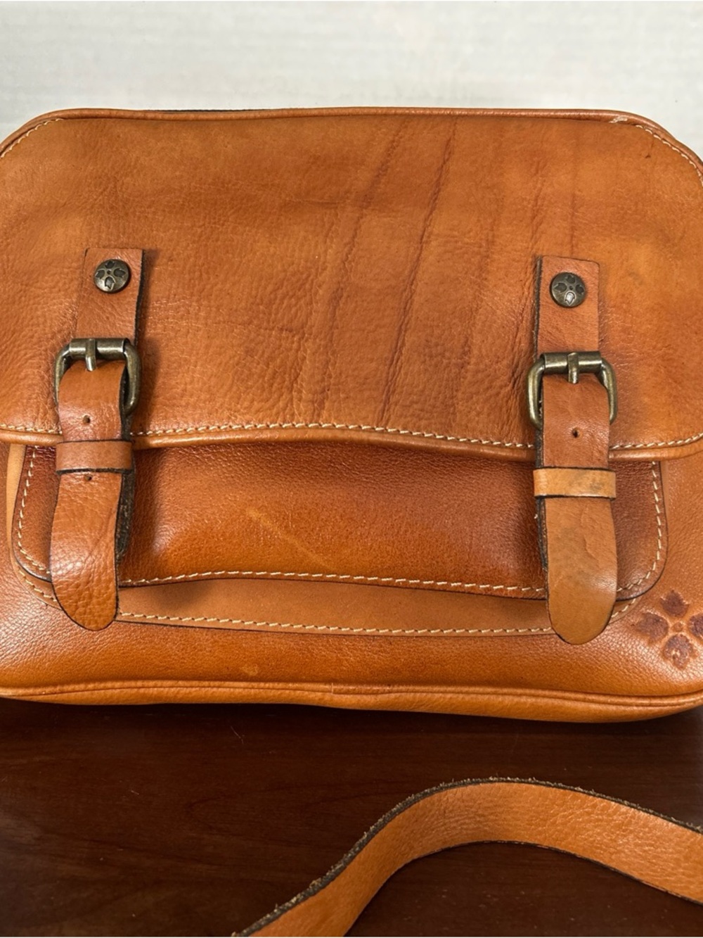 Patricia Nash Cognac Leather Messenger Bag with Buckle Straps